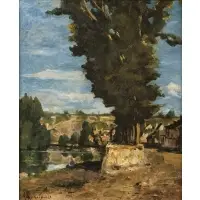 Henri Harpignies, A River Village with Trees, Oil on canvas