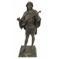 Émile Louis Picault, Troubadour, Large PATINATED METAL sculpture of a Luth Player