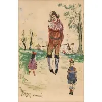 Gabriel Dauchot, Harlequin in the Park, Oil on paper