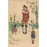 Gabriel Dauchot, Harlequin in the Park, Oil on paper
