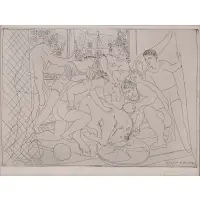 Pablo Picasso, Cheval Mourant Entoure D'Une Famille de Saltimbanques (Dying Horse Surrounded by a Family of Acrobats), Etching printed with tone on woven paper