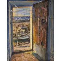 Bruno Zupan, Doorway with Beached Boats, 1979, Oil on canvas