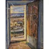 Bruno Zupan, Doorway with Beached Boats, 1979, Oil on canvas