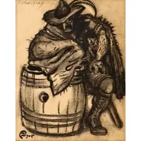 Mstislav Dobuzhinsky, Cavalier Figure Sitting at a Barrel, 1945, Mixed media charcoal and ink