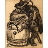 Mstislav Dobuzhinsky, Cavalier Figure Sitting at a Barrel, 1945, Mixed media charcoal and ink