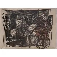 John Walker, Untitled (Black and Red Spheres with Doorway), 1981, Mixed media on paper