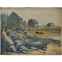 Frederick Julian Ilsley, Fisherman Cottages with Beached Boats, 1921, Oil on canvas