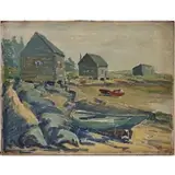 Frederick Julian Ilsley, Fisherman Cottages with Beached Boats, 1921, Oil on canvas