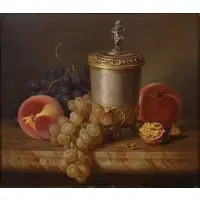 Josef Schuster, Still-Life with Silver Lidded Beaker and Fruit on a Ledge, Oil on canvas