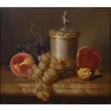 Josef Schuster, Still-Life with Silver Lidded Beaker and Fruit on a Ledge, Oil on canvas