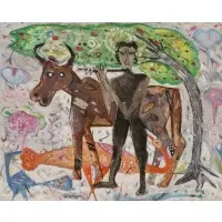 K. Muralidharan, Man Playing Flute with Animals, Mixed media on paper