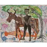 K. Muralidharan, Man Playing Flute with Animals, Mixed media on paper
