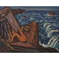 Theo Hios, Ships off a Rocky Coast, Oil on masonite