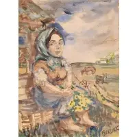 Woman with Yellow Flowers Sitting by David Burliuk, Watercolor on paper, sold Apr 2026