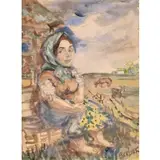 David Burliuk, Woman with Yellow Flowers Sitting, Watercolor on paper