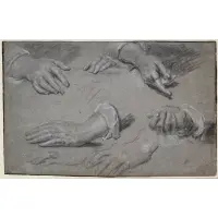Sir Anthony Van Dyck, Studies of Hands, Black and white chalk, within black framing lines, on blue paper