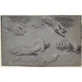 Sir Anthony Van Dyck, Studies of Hands, Black and white chalk, within black framing lines, on blue paper