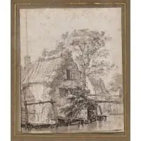 Herman Saftleven, Farm by the River, Black chalk with gray and brown wash