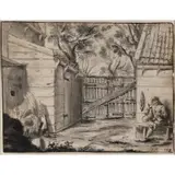 Pieter Barbiers The Elder, Peasant Eating His Lunch in the Backyard, Brown ink an gray wash on paper