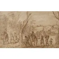 David Vinckboons, Soldiers with Prisoners on a Busy Road, Pen and brown ink, with brown wash