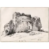 Joseph Augustus Knip, A Ruined House in the Roman Campagna, Black chalk, brush and black ink, grey wash