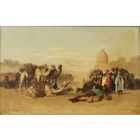 Théodore Frère, A Resting Caravan Near a Mosque, Cario, Oil on panel