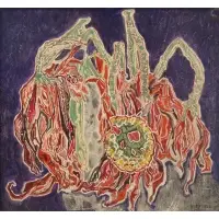 Stefan Hirsch, Poinsettia in Mexico, 1952, Mixed media on paper laid to masonite