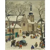 Paul Lemasson, A Bustling Winter Village, Oil on masonite