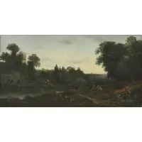 Nicholas Rousseau, River Scene with Figures and Cows, Oil on canvas