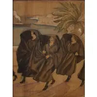 Viola Paterson, Mourning Women off Windy Coast, Gouache, ink and pencil on incised panel