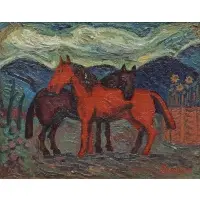 David Burliuk, Horses in a Field, Oil on canvas