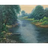 Hugo von Schwanenflugel, River with a Small Boat, Oil on canvas