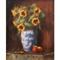 Donald White, Still Life with Sunflowers in White and Blue Vase', Oil on masonite