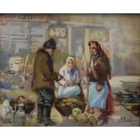 Erno Erb, Marketplace scene, Gouache painting on board, signed