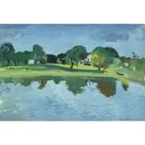 Nicolai Cikovsky, Landscape with Houses and Water, Gouache on paper