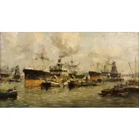 Ferdinand Kaufmann, A Busy Shipping Harbor, Oil on canvas