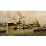 Ferdinand Kaufmann, A Busy Shipping Harbor, Oil on canvas