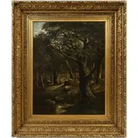 Joseph Thors, A Woman Collecting Sticks in a Rocky Forest, Oil on canvas