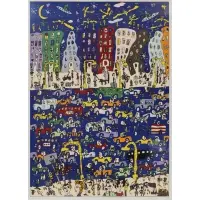 James Rizzi, Midnight in Manhattan, 1978, Color screenprint on woven paper