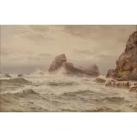 George Barker, Waves on the Rocks, Watercolor