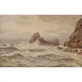George Barker, Waves on the Rocks, Watercolor