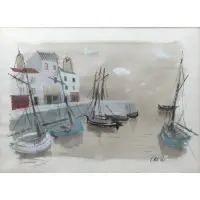 Charles Levier, Sail Boats in a Harbor, Gouache on paper