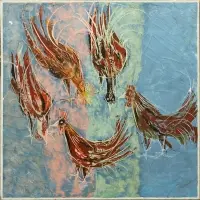 Sacha Thébaud, Chickens, 1963, Oil on sack cloth