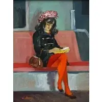 Cecil Bell, Girl Reading on Ferry, Oil on board