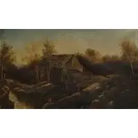 Initial Signed, Fisherman Next to a Mill, Oil on canvas