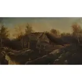 Initial Signed, Fisherman Next to a Mill, Oil on canvas