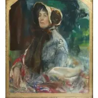 Walter Beck, Portrait of a Woman in a Bonnet Hat and Elaborate Shaw, Pastel on arched topped embossed and gilt edged cardboard