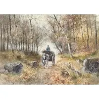 A Horse and Wagon on a Forest Path by Hugo Anton Fisher, Watercolor, sold Nov 2025