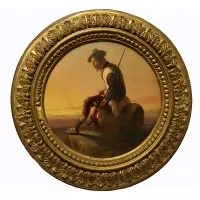 Monogramed, Shepherd Sitting on a Rock, 1866, Oil on board