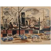 Reginald Marsh, Dock with Barrels, Watercolor on paper